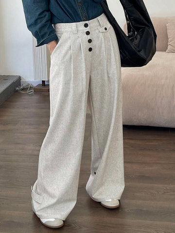 DAZY Women Casual Button Front Slant Pockets Pleated Wide Leg Pants DAZY Women Casual Button Front Slant Pockets Pleated Wide Leg Pants