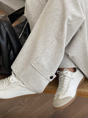 DAZY Women Casual Button Front Slant Pockets Pleated Wide Leg Pants DAZY Women Casual Button Front Slant Pockets Pleated Wide Leg Pants