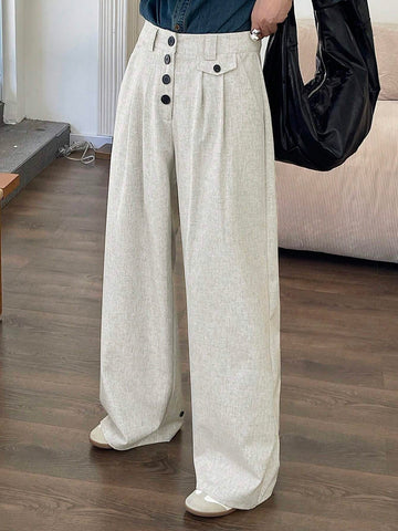 DAZY Women Casual Button Front Slant Pockets Pleated Wide Leg Pants DAZY Women Casual Button Front Slant Pockets Pleated Wide Leg Pants