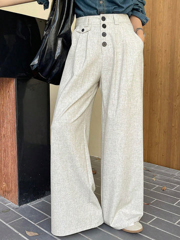 DAZY Women Casual Button Front Slant Pockets Pleated Wide Leg Pants DAZY Women Casual Button Front Slant Pockets Pleated Wide Leg Pants