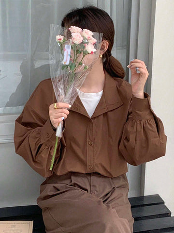 DAZY Women Front Button Long Sleeve Minimalistic Solid Color Casual Blouse DAZY Women Front Button Long Sleeve Minimalistic Solid Color Casual Blouse