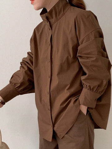 DAZY Women Front Button Long Sleeve Minimalistic Solid Color Casual Blouse DAZY Women Front Button Long Sleeve Minimalistic Solid Color Casual Blouse