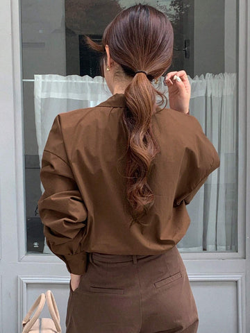 DAZY Women Front Button Long Sleeve Minimalistic Solid Color Casual Blouse DAZY Women Front Button Long Sleeve Minimalistic Solid Color Casual Blouse