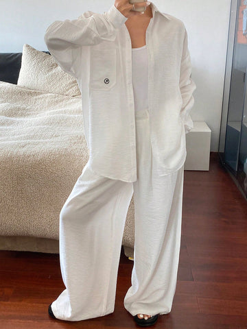 DAZY Women Front Button Long Sleeve Pocket Simple Top And Pant Set DAZY Women Front Button Long Sleeve Pocket Simple Top And Pant Set