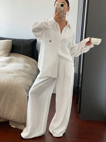 DAZY Women Front Button Long Sleeve Pocket Simple Top And Pant Set DAZY Women Front Button Long Sleeve Pocket Simple Top And Pant Set