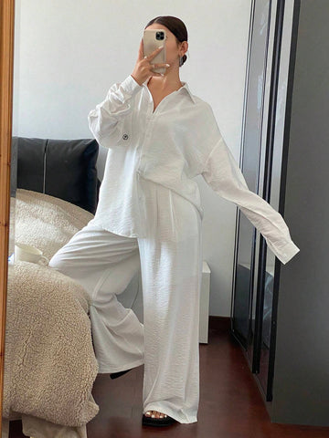 DAZY Women Front Button Long Sleeve Pocket Simple Top And Pant Set DAZY Women Front Button Long Sleeve Pocket Simple Top And Pant Set