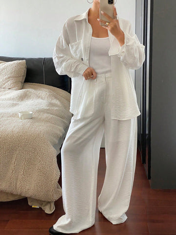 DAZY Women Front Button Long Sleeve Pocket Simple Top And Pant Set DAZY Women Front Button Long Sleeve Pocket Simple Top And Pant Set