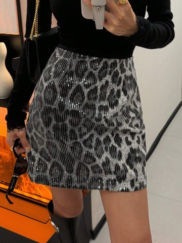 DAZY Women Leopard Print & Sequins Decor Skirt, Suitable For Spring/Summer, Valentine's Day, Chinese New Year DAZY Women Leopard Print & Sequins Decor Skirt, Suitable For Spring/Summer, Valentine's Day, Chinese New Year
