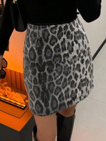 DAZY Women Leopard Print & Sequins Decor Skirt, Suitable For Spring/Summer, Valentine's Day, Chinese New Year DAZY Women Leopard Print & Sequins Decor Skirt, Suitable For Spring/Summer, Valentine's Day, Chinese New Year