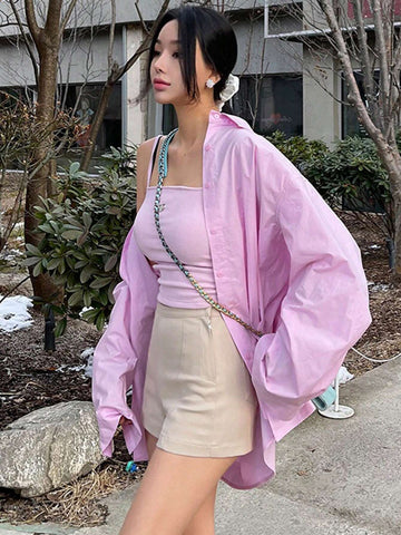 DAZY Women Pure Color Loose Fit Basic Long Sleeve Shirt DAZY Women Pure Color Loose Fit Basic Long Sleeve Shirt