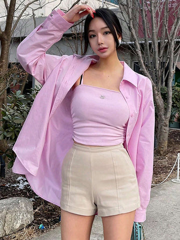 DAZY Women Pure Color Loose Fit Basic Long Sleeve Shirt DAZY Women Pure Color Loose Fit Basic Long Sleeve Shirt