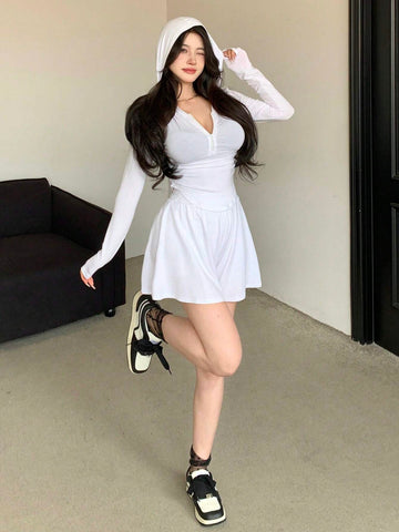 DAZY Women Spring Summer Casual Solid Color Slim Fit Hooded T-Shirt And Loose Shorts Set DAZY Women Spring Summer Casual Solid Color Slim Fit Hooded T-Shirt And Loose Shorts Set