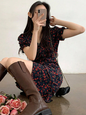 DAZY Women V-Neck All-Over Floral Drawstring Short Dress, Red, Spring & Summer, Chinese New Year Dress DAZY Women V-Neck All-Over Floral Drawstring Short Dress, Red, Spring & Summer, Chinese New Year Dress