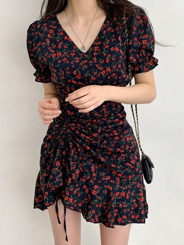 DAZY Women V-Neck All-Over Floral Drawstring Short Dress, Red, Spring & Summer, Chinese New Year Dress DAZY Women V-Neck All-Over Floral Drawstring Short Dress, Red, Spring & Summer, Chinese New Year Dress