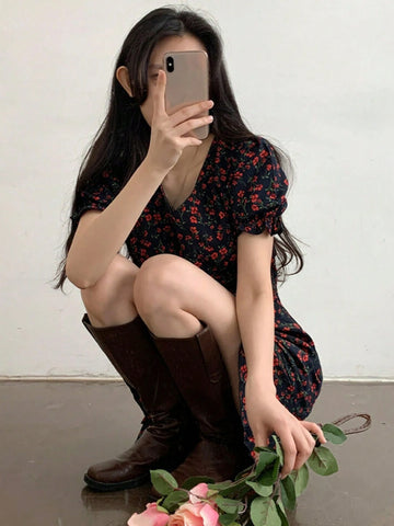 DAZY Women V-Neck All-Over Floral Drawstring Short Dress, Red, Spring & Summer, Chinese New Year Dress DAZY Women V-Neck All-Over Floral Drawstring Short Dress, Red, Spring & Summer, Chinese New Year Dress