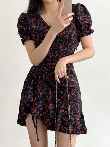 DAZY Women V-Neck All-Over Floral Drawstring Short Dress, Red, Spring & Summer, Chinese New Year Dress DAZY Women V-Neck All-Over Floral Drawstring Short Dress, Red, Spring & Summer, Chinese New Year Dress