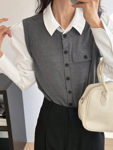 DAZY Women's 2 In 1 Color Blocking Shirt With Front Opening DAZY Women's 2 In 1 Color Blocking Shirt With Front Opening