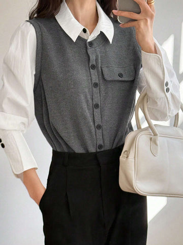 DAZY Women's 2 In 1 Color Blocking Shirt With Front Opening DAZY Women's 2 In 1 Color Blocking Shirt With Front Opening