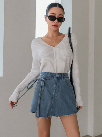 DAZY Women's Asymmetrical Frayed Hem Denim Skirt Shorts DAZY Women's Asymmetrical Frayed Hem Denim Skirt Shorts