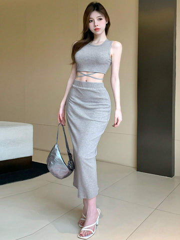 DAZY Women's Cross Design Crop Top & Skirt Set DAZY Women's Cross Design Crop Top & Skirt Set