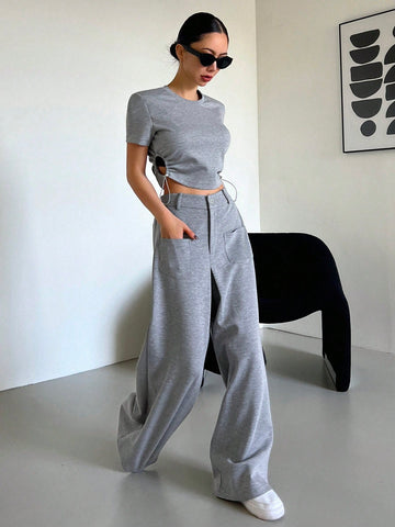 DAZY Women's Drawstring Side Short Sleeve T-Shirt And Shorts Set DAZY Women's Drawstring Side Short Sleeve T-Shirt And Shorts Set