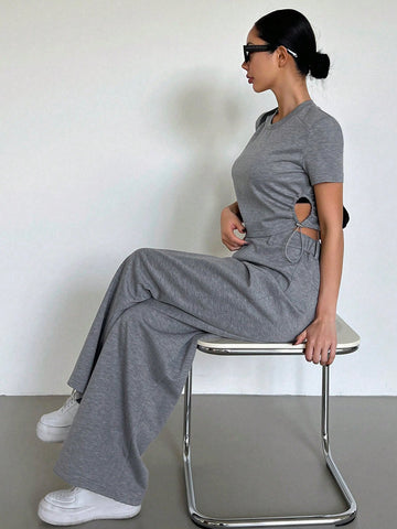 DAZY Women's Drawstring Side Short Sleeve T-Shirt And Shorts Set DAZY Women's Drawstring Side Short Sleeve T-Shirt And Shorts Set