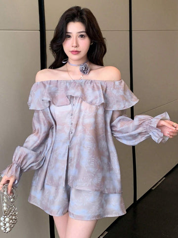 DAZY Women's Floral Chiffon Off-Shoulder Blouse And Shorts Set DAZY Women's Floral Chiffon Off-Shoulder Blouse And Shorts Set