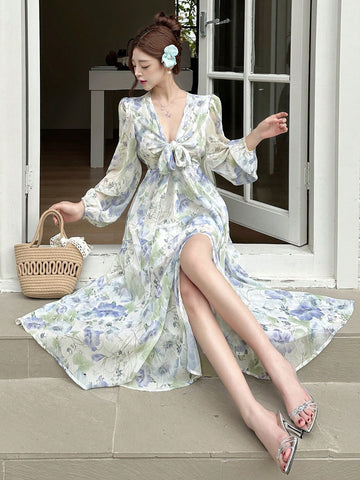 DAZY Women's Floral Print Tie-Up Midi Dress DAZY Women's Floral Print Tie-Up Midi Dress