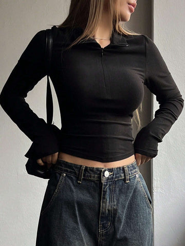 Half Zipper High Neck Long Sleeve T-Shirt Half Zipper High Neck Long Sleeve T-Shirt