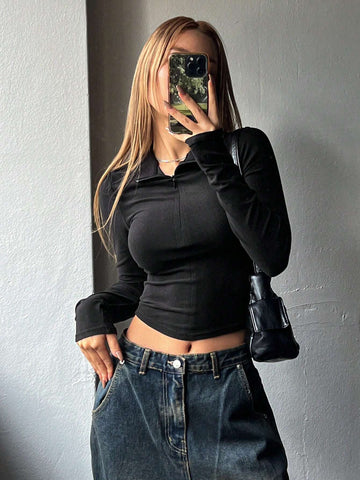 Half Zipper High Neck Long Sleeve T-Shirt Half Zipper High Neck Long Sleeve T-Shirt