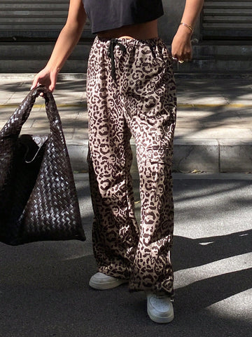 DAZY Women's Leopard Print Loose Wide Leg Pants, Elastic Waist Drawstring Pockets DAZY Women's Leopard Print Loose Wide Leg Pants, Elastic Waist Drawstring Pockets