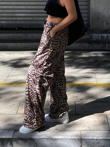 DAZY Women's Leopard Print Loose Wide Leg Pants, Elastic Waist Drawstring Pockets DAZY Women's Leopard Print Loose Wide Leg Pants, Elastic Waist Drawstring Pockets