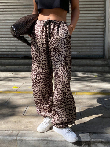 DAZY Women's Leopard Print Loose Wide Leg Pants, Elastic Waist Drawstring Pockets DAZY Women's Leopard Print Loose Wide Leg Pants, Elastic Waist Drawstring Pockets
