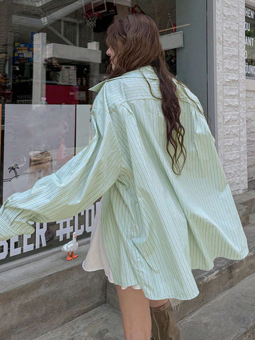 DAZY Women's Loose Fit Striped Button-Up Shirt, Simple Style With Fresh And Elegant Elegant For All Occasions DAZY Women's Loose Fit Striped Button-Up Shirt, Simple Style With Fresh And Elegant Elegant For All Occasions