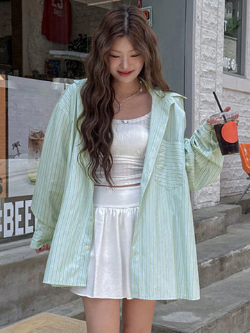 DAZY Women's Loose Fit Striped Button-Up Shirt, Simple Style With Fresh And Elegant Elegant For All Occasions DAZY Women's Loose Fit Striped Button-Up Shirt, Simple Style With Fresh And Elegant Elegant For All Occasions