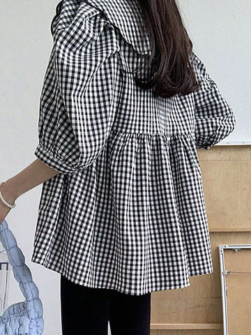 DAZY Women's Plaid Doll Collar Simple Daily Shirt DAZY Women's Plaid Doll Collar Simple Daily Shirt