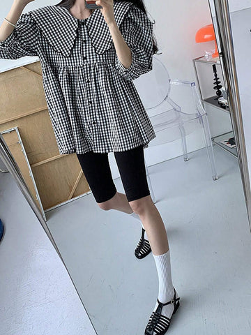DAZY Women's Plaid Doll Collar Simple Daily Shirt DAZY Women's Plaid Doll Collar Simple Daily Shirt