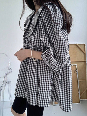 DAZY Women's Plaid Doll Collar Simple Daily Shirt DAZY Women's Plaid Doll Collar Simple Daily Shirt