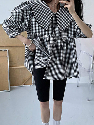 DAZY Women's Plaid Doll Collar Simple Daily Shirt DAZY Women's Plaid Doll Collar Simple Daily Shirt