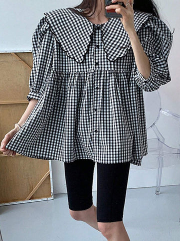 DAZY Women's Plaid Doll Collar Simple Daily Shirt DAZY Women's Plaid Doll Collar Simple Daily Shirt