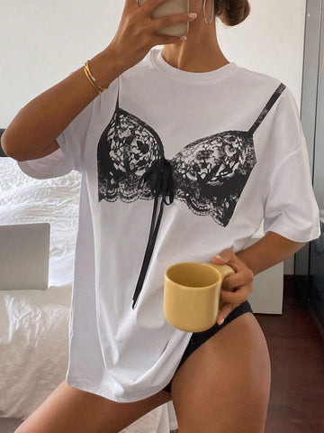Women's Round Neck T-Shirt With Printed Design And Front Tie, Daily Casual Stylish Women's Round Neck T-Shirt With Printed Design And Front Tie, Daily Casual Stylish