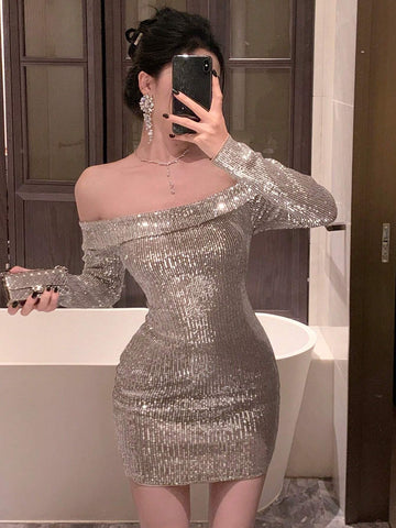 DAZY Women's Sequin Off Shoulder Short Party Dress DAZY Women's Sequin Off Shoulder Short Party Dress