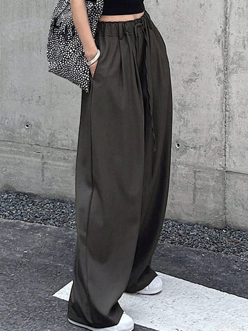 DAZY Women's Solid Color Drawstring Waist Wide-Leg Casual Pants DAZY Women's Solid Color Drawstring Waist Wide-Leg Casual Pants