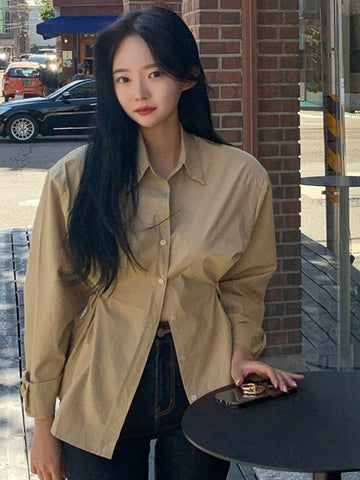 DAZY Women's Solid Color Lapel Button Design Waist Shirt DAZY Women's Solid Color Lapel Button Design Waist Shirt