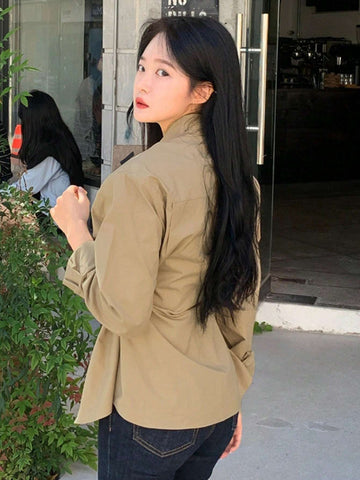 DAZY Women's Solid Color Lapel Button Design Waist Shirt DAZY Women's Solid Color Lapel Button Design Waist Shirt