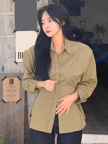 DAZY Women's Solid Color Lapel Button Design Waist Shirt DAZY Women's Solid Color Lapel Button Design Waist Shirt