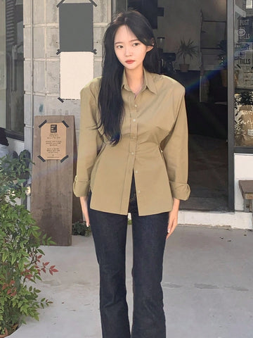 DAZY Women's Solid Color Lapel Button Design Waist Shirt DAZY Women's Solid Color Lapel Button Design Waist Shirt