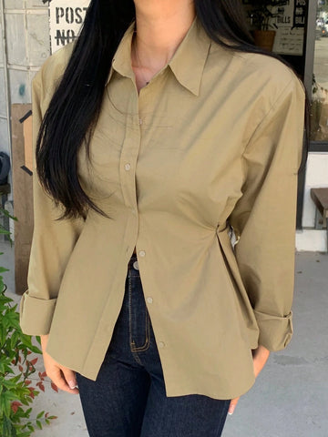 DAZY Women's Solid Color Lapel Button Design Waist Shirt DAZY Women's Solid Color Lapel Button Design Waist Shirt