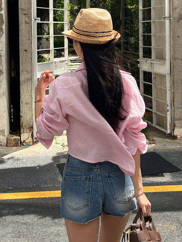 DAZY Women's Solid Color Loose Turndown Collar Short Pink Long Sleeve Shirt DAZY Women's Solid Color Loose Turndown Collar Short Pink Long Sleeve Shirt