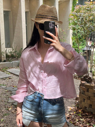 DAZY Women's Solid Color Loose Turndown Collar Short Pink Long Sleeve Shirt DAZY Women's Solid Color Loose Turndown Collar Short Pink Long Sleeve Shirt